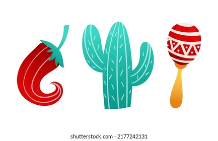 Chilli Pepper, Maraca Rattle and Prickly Cactus as Mexican Symbol Vector Set
