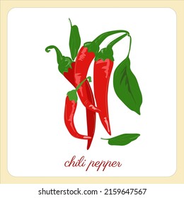 Chilli pepper prints, chili art, fresh hot pepper, vector illustration. Design element for emblem, sign, poster, card, banner, flyer. Leaf and peper.