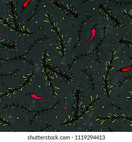 Chilli Pepper, Rosemary and Thyme Seamless Endless Vector Background. Fresh Green Herbs for Meat, Steak or Seafood Cooking. Hand Drawn Illustration. Doodle Style. Black Board Background and Chalk.