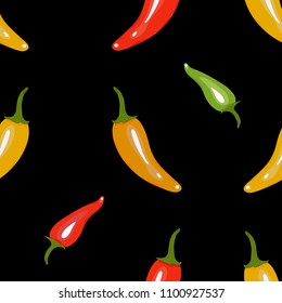 Chilli pepper seamless pattern. Colorful peppers isolated on black background.