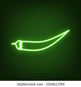 Chilli pepper sign. Green neon icon in the dark. Blurred lightening. Illustration.