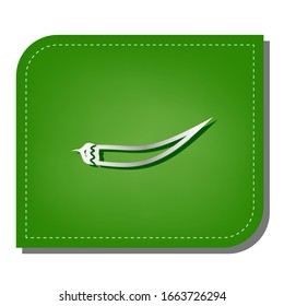 Chilli pepper sign. Silver gradient line icon with dark green shadow at ecological patched green leaf. Illustration.