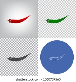 Chilli pepper sign. Vector. 4 styles. Red gradient in radial lighted background, green flat and gray scribble icons on transparent and linear one in blue circle.