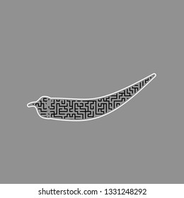Chilli pepper sign. Vector. Black maze filled icon with white border at gray background.