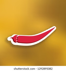 Chilli pepper sign. Vector. Magenta icon with darker shadow, white sticker and black popart shadow on golden background.