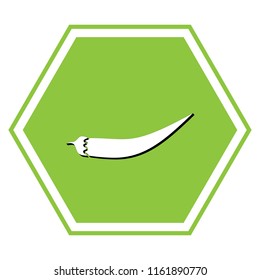 Chilli pepper sign. Vector. White icon with black shadow at yellow green honeycomb on white background.