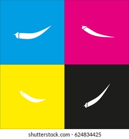 Chilli pepper sign. Vector. White icon with isometric projections on cyan, magenta, yellow and black backgrounds.