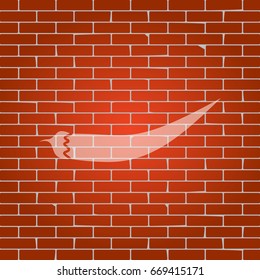 Chilli pepper sign. Vector. Whitish icon on brick wall as background.