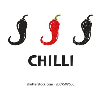 Chilli pepper, silhouette icons set with lettering. Imitation of stamp, print with scuffs. Simple black shape and color vector illustration. Hand drawn isolated elements on white background