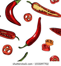 Chilli pepper sketch seamless pattern.Vintage ink hand drawn vector of different peppers on white background.Great for fabrics, wallpaper, packaging.