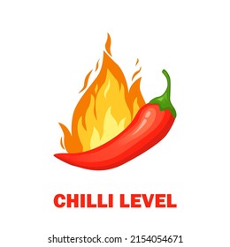 Chilli pepper spicy food level. Icons with fire flames. Vector illustration.