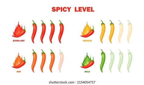 Chilli pepper spicy food level. Hot scale indicator with mild, medium, hot, extra positions. Icons with fire flames. Vector illustration.