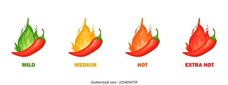 Chilli pepper spicy food level. Hot scale indicator with mild, medium, hot, extra positions. Icons with fire flames. Vector illustration.