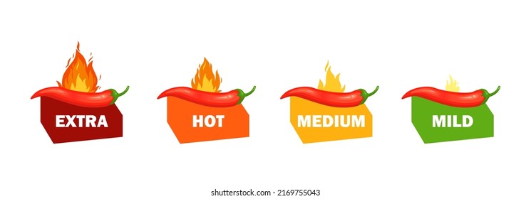 Chilli pepper spicy food level. Hot scale indicator with mild, medium, hot, extra positions. Icons with fire flames. Vector illustration