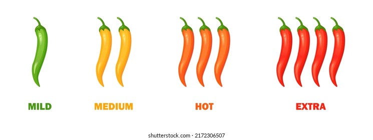 Chilli pepper spicy food level. Hot scale indicator with mild, medium, hot, extra positions. Icons with fire flames. Vector illustration.