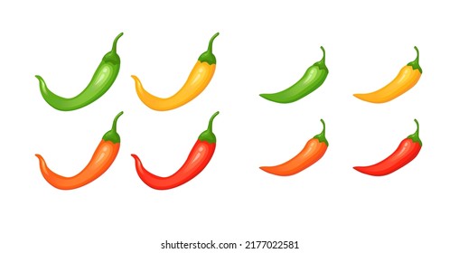 Chilli pepper spicy food level. Hot scale indicator with mild, medium, hot, extra positions. Icons with fire flames. Vector illustration.