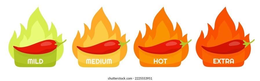 Chilli pepper spicy hot meter. Heat levels of spice. Chili icons. Green and red flame. Cayenne flavor pictogram. Mexican tastes scale. Menu food stickers set. Vector indicator nowaday logo