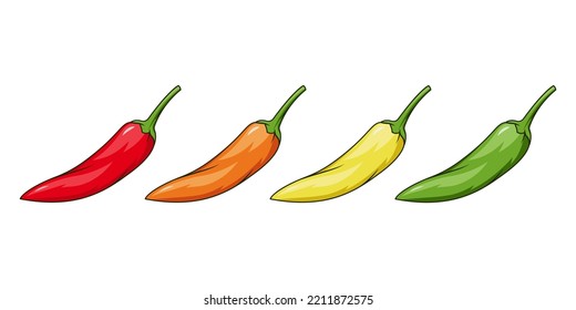 Chilli pepper vector set isolated on white background. Red, Orange,yellow and green.