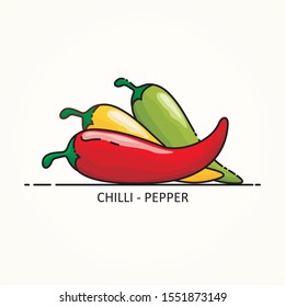 Chilli Pepper vector with variation of color, green, yellow and red designed with black outline