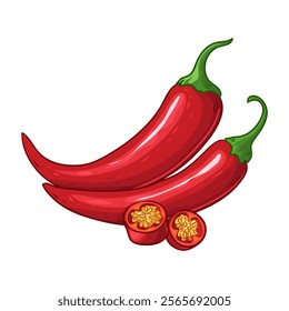 Chilli pepper, whole and cut, vector illustration isolated on white background, eps10