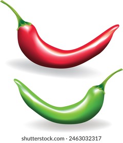 Chilli peppers red and green fresh with leaves and flower chilli realistic design, on white background, Eps 10 vector illustration 