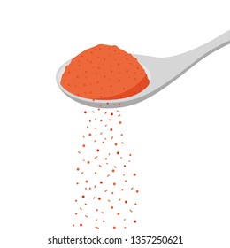 Chilli Powder Drop Vector. Free Space For Text. White Background. Ingredient On Spoon.