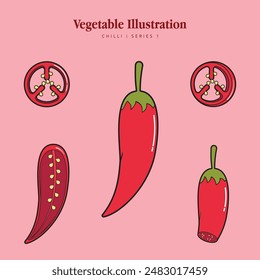 Chilli or Red Pepper Vegetable Illustration Set for Logo and Healthy Symbol Collection Flat Design - Editable EPS Vector Label Illustration