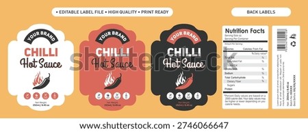 Chilli Sauce labels set design, nutritional facts table ingredients recipe, Bottle label stickers design, Homemade thick barbeque spicy Chilli sauce ketchup label design vector illustration set