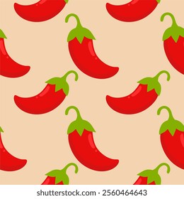 Chilli seamless pattern on color background. Red hot chili peppers natural organic food