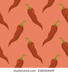 Chilli seamless pattern on color background. Red hot chili peppers natural organic food