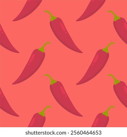 Chilli seamless pattern on color background. Red hot chili peppers natural organic food