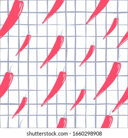 Chilli seamless pattern on stripe background. Chile peppers wallpaper. Creative vegetarian healthy food texture. Design for fabric, textile print, wrapping paper, kitchen textiles. Vector illustration