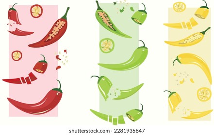 Chilli set vector illustration. Chilli slices, red, green, yellow chilli.  Chilli pepper 3D Cartoon vector isolated on white background. Ingredient for cooking.