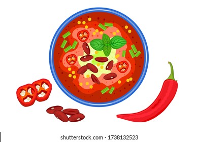 Chilli soup isolated on white background. Spicy meat stew with bean in a bowl. Paprika gazpacho. Mexican food. Creamy soup in plate top view. Hot vegetable soup in plate and pepper slices.Stock vector