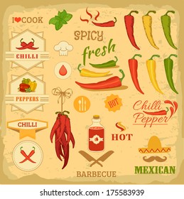 chilli spice, chili, isolated pepper vegetables, mexican food label design