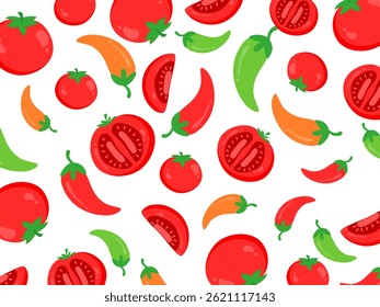 Chilli and tomato seamless pattern. Cute colorful vegetable. Food ingredient cartoon