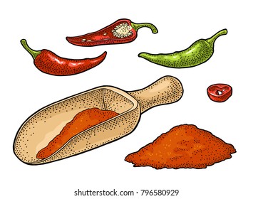 Chilli whole, half, slice and crushed pieces in wood scoop. Vector vintage color engraved illustration. Isolated on white background. Hand drawn design element for menu, poster, label