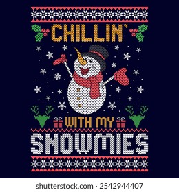 Chillin with my snowmies - Ugly Christmas sweater designs - vector Graphic