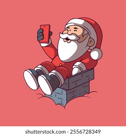 A Chillin Santa Claus Character is taking a selfie vector illustration. Mascot, holiday design concept.