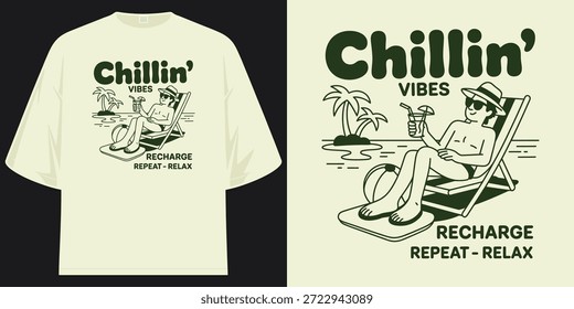 Chillin Vibes Recargar Repetir Relajar Ultimate Beach Vacaciones Vacaciones de verano Relajación Camiseta gráfica Diseño Ilustración vectorial Obras de arte
