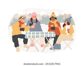 Chilling after ride isolated cartoon vector illustrations. Friends enjoy warming drinks after ski ride, winter sports day, outdoor activities, chilling together during vacation vector cartoon.