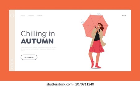 Chilling Autumn Landing Page Template. Cheerful Young Woman City Dweller Holding Umbrella Stand under Rain Enjoying Rainy Season Weather, Storm Meteorology Forecast. Cartoon Vector Illustration