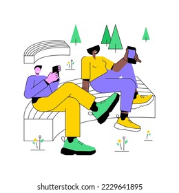 Chilling at the bench isolated cartoon vector illustrations. Couple with phones sitting at the bench together, holding gadgets in hands, devices addiction, day in the city park vector cartoon.