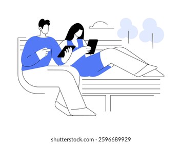 Chilling at the bench isolated cartoon vector illustrations. Couple with phones sitting at the bench together, holding gadgets in hands, devices addiction, day in the city park vector cartoon.