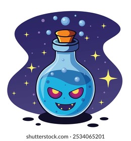 Chilling Blue Magic Potion with Smiling Specter Face, Starlit Backdrop