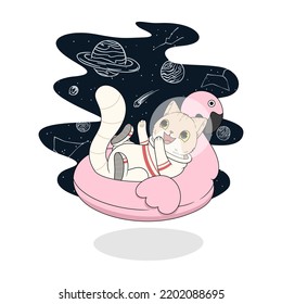 chilling cat with space suit illustration