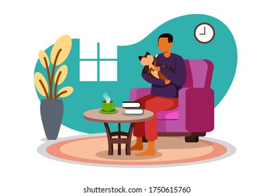 Chilling With A Cat, Work From Home Flat Illustration