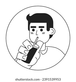 Un tipo caucásico escalofriante bebiendo a través de la paja, pintura vectorial 2D en blanco y negro. El personaje de dibujos animados de adultos jóvenes europeos de café se encuentra aislado. Retrato plano de hombre liso