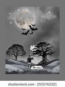 Chilling digital artwork featuring a man under a full moonlit sky, accompanied by a ghostly figure and bats in flight. The spooky setting includes eerie trees and a misty, starry background.