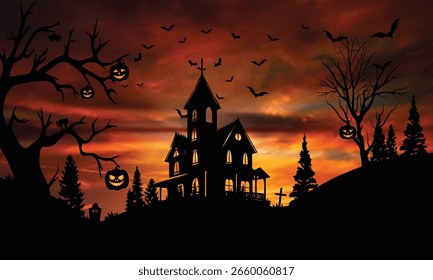 Chilling Haunted House Surrounded by Pumpkins, Grave Crosses, and Scary Shadows